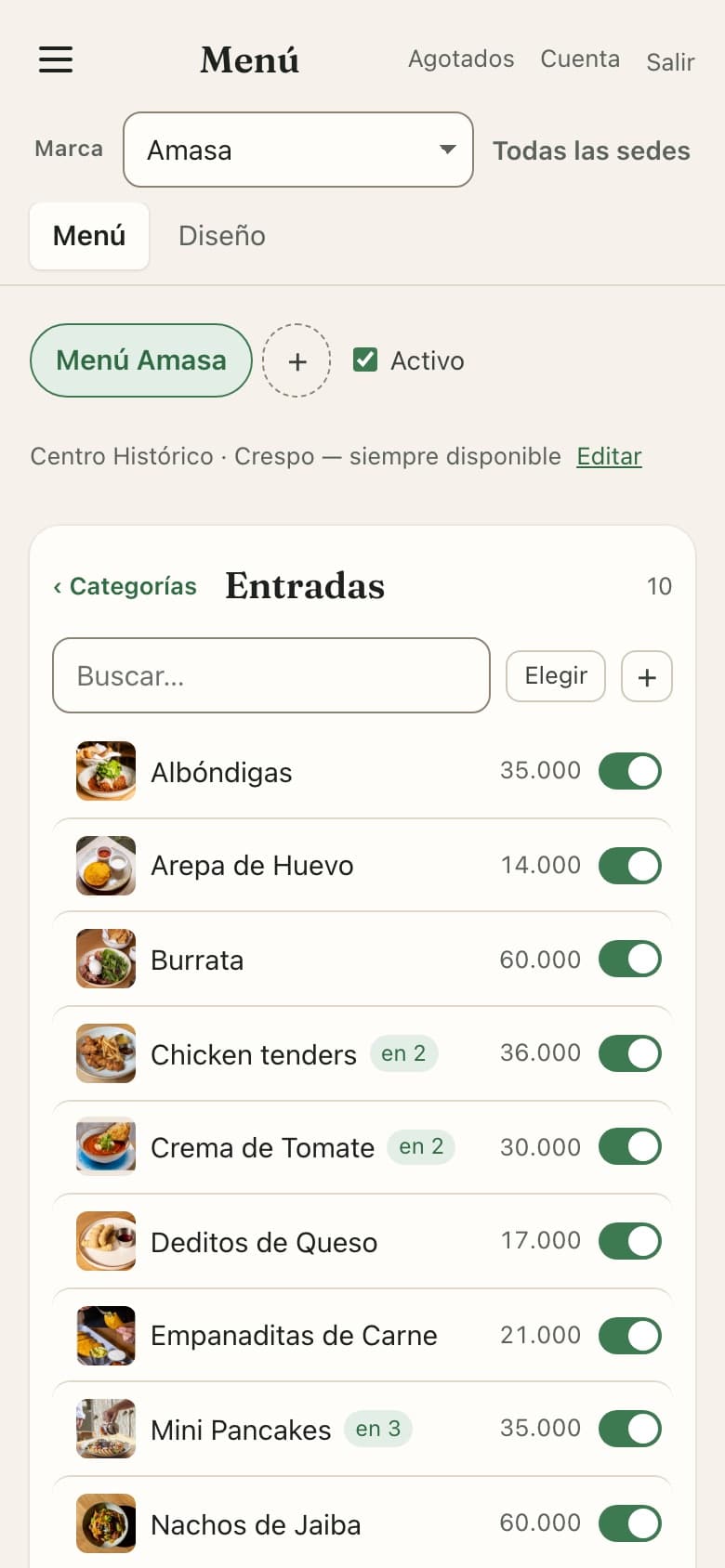 Editor del menú: categorías a la izquierda y platos con precio y foto a la derecha
