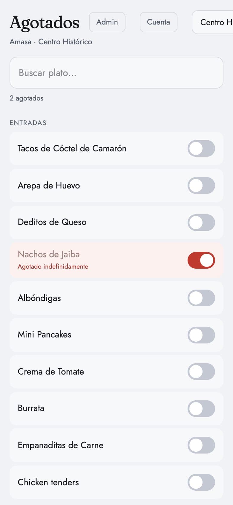 Lista de Agotados en el celular de un cocinero