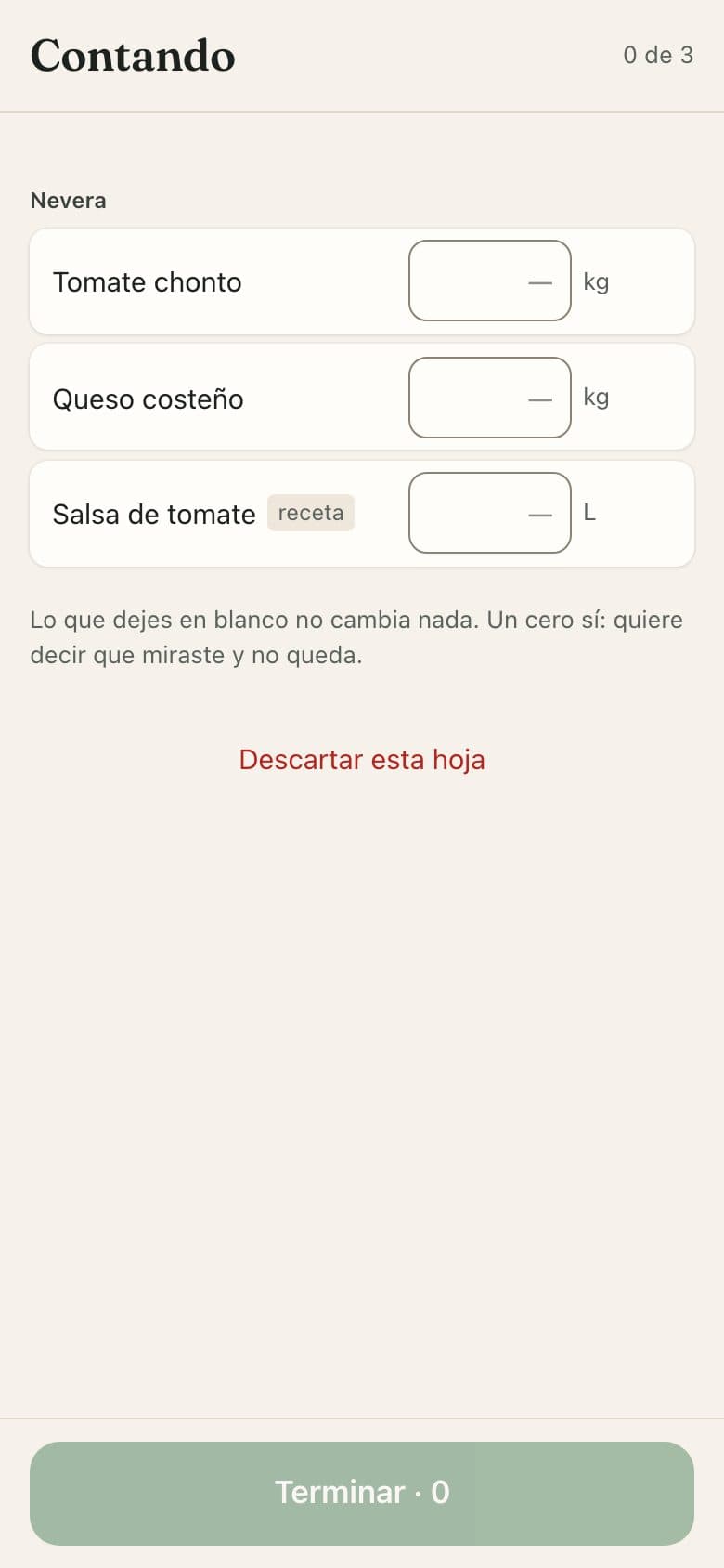 Hoja de conteo en el celular: los ingredientes de una zona con una casilla vacía para cada uno