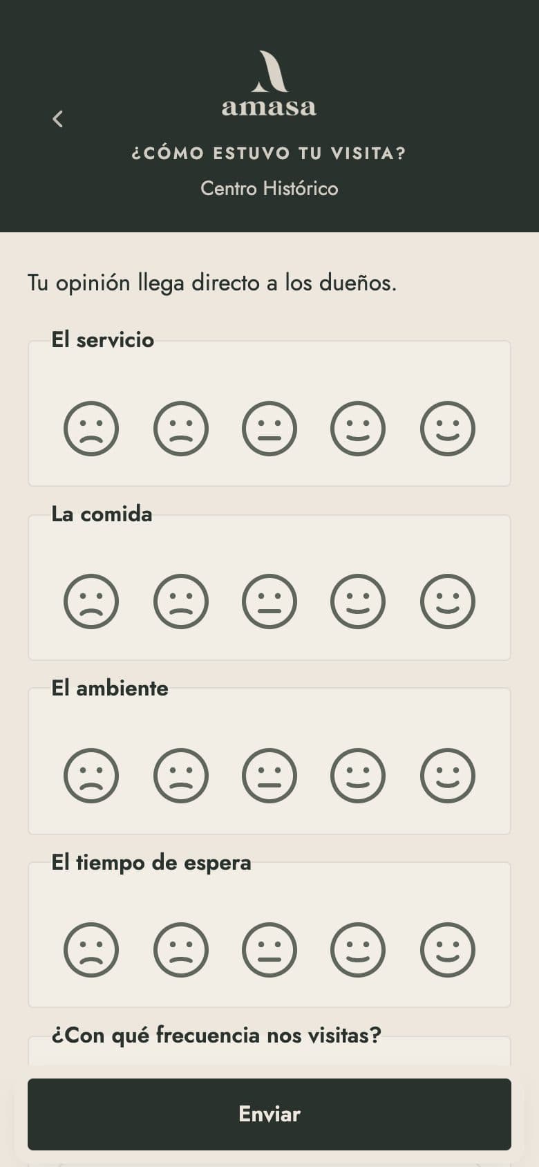 Encuesta del cliente con caritas para servicio, comida, ambiente y tiempo de espera