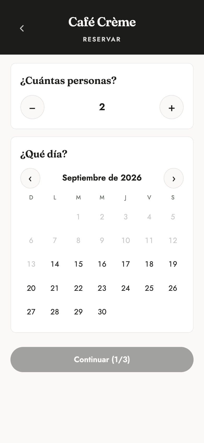 Formulario de reserva del cliente: número de personas y día
