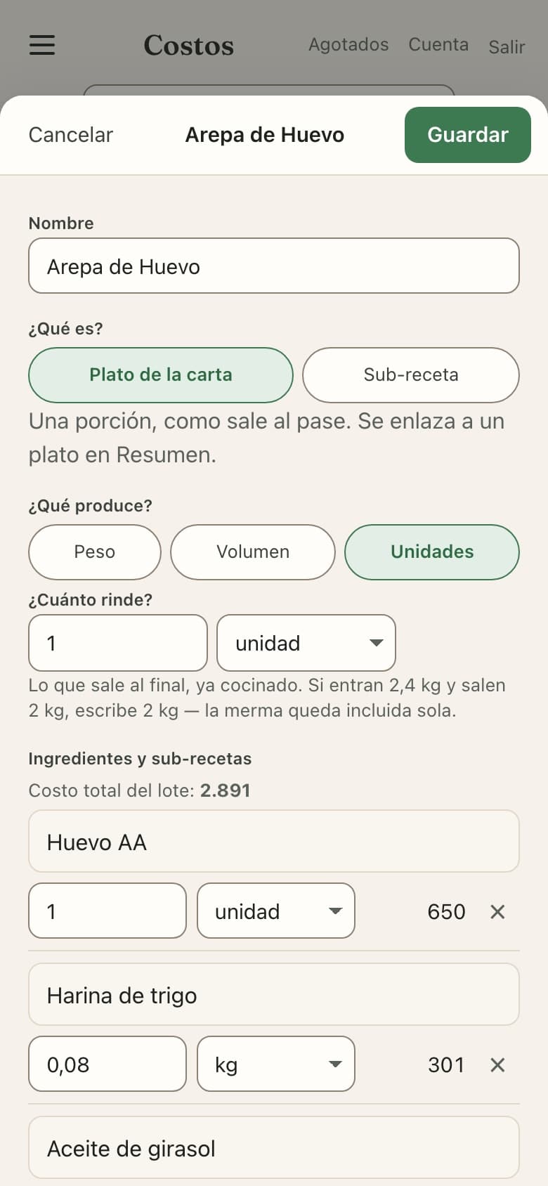 Una receta abierta: sus ingredientes con la cantidad, la unidad y el costo de cada línea, y el costo total