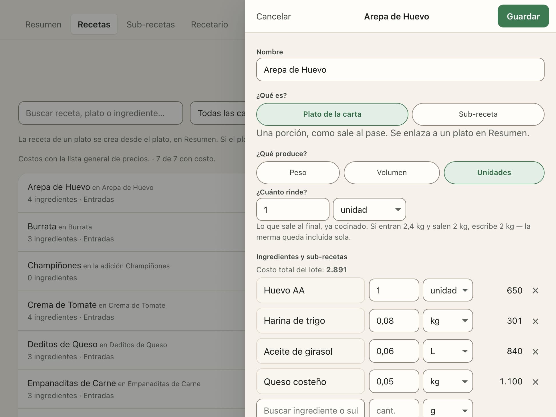 Una receta abierta: sus ingredientes con la cantidad, la unidad y el costo de cada línea, y el costo total