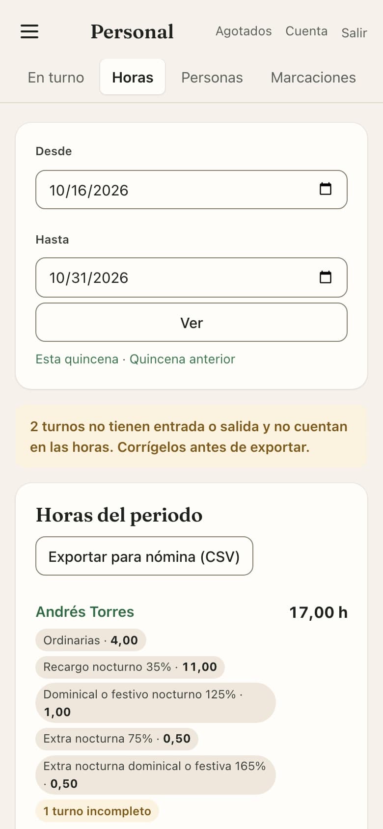 Horas de la quincena por persona, separadas en ordinarias, nocturnas, dominicales y extras