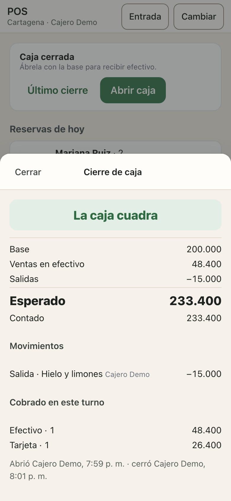 El cierre de caja en el POS: base, ventas en efectivo, salidas, lo esperado y lo contado, con la diferencia